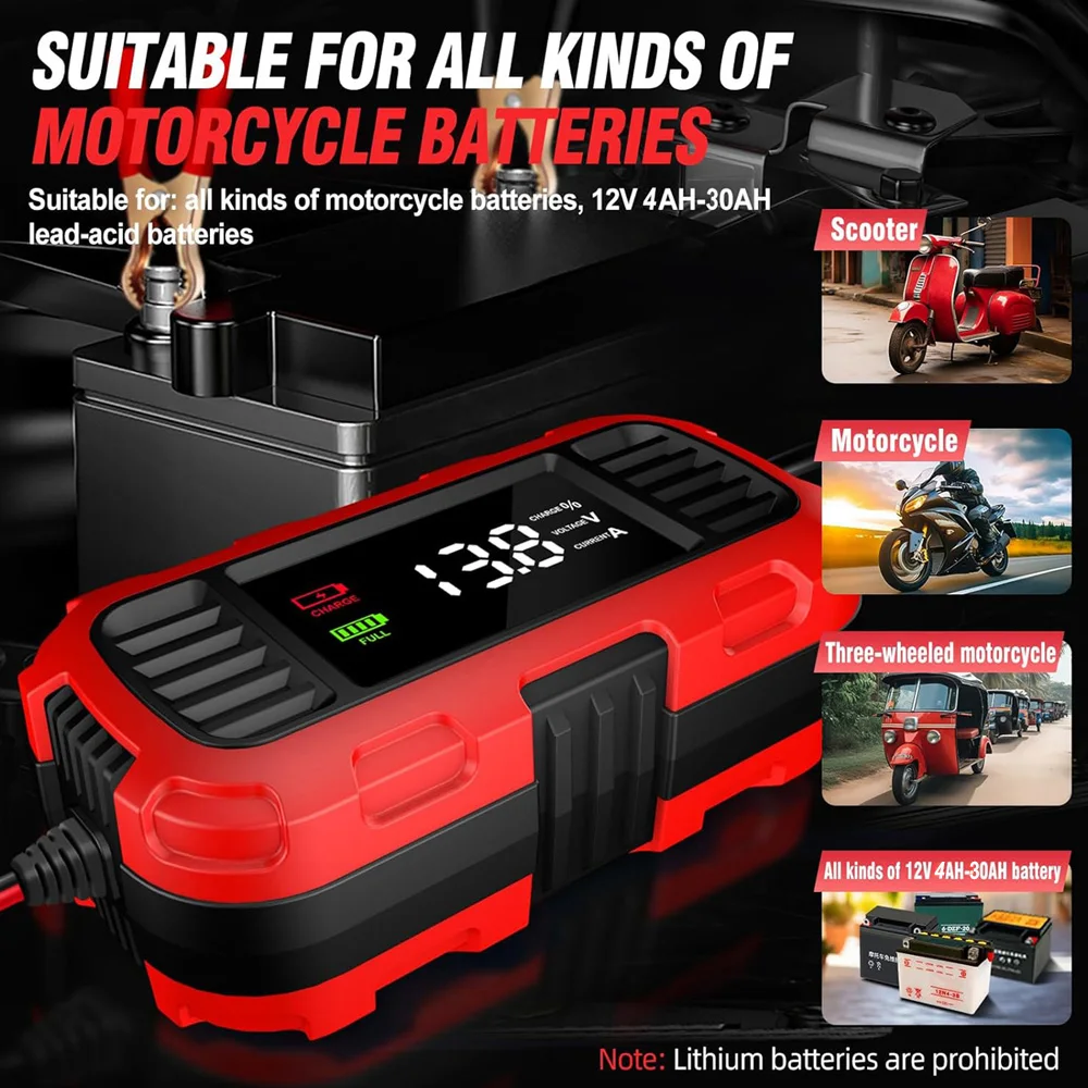 Cargadores de bater&iacute;a inteligentes FOXSUR 12V 2A universales de 4AH-30AH, cargador de bater&iacute;a de carga lenta totalmente autom&aacute;tico para coche, motocicleta, AGM, EFB, GEL