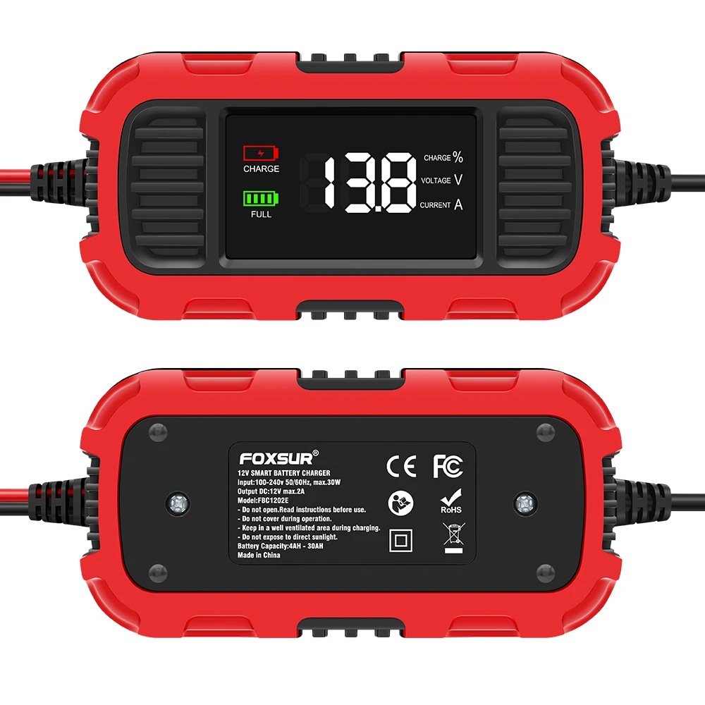 Cargadores de bater&iacute;a inteligentes FOXSUR 12V 2A universales de 4AH-30AH, cargador de bater&iacute;a de carga lenta totalmente autom&aacute;tico para coche, motocicleta, AGM, EFB, GEL