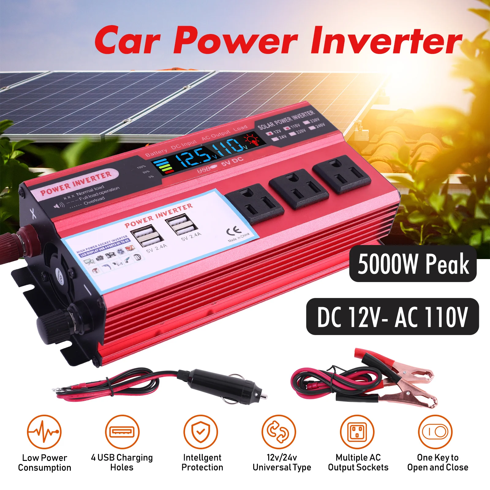 Convertidor de potencia para coche de 5000W, convertidor de CC de 12V a CA de 110V, LCD, 4 puertos USB y salida de CA de 110V, bater&iacute;a de encendedor de cigarrillos