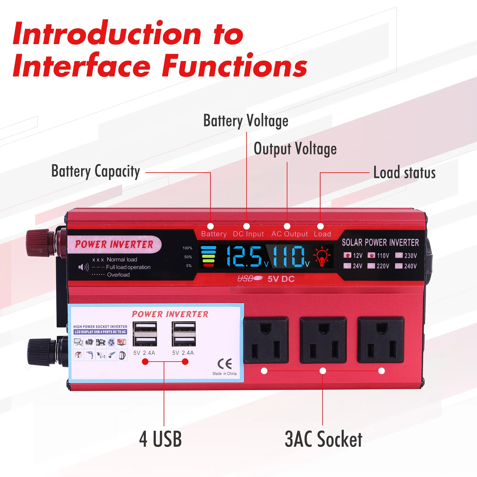 Convertidor de potencia para coche de 5000W, convertidor de CC de 12V a CA de 110V, LCD, 4 puertos USB y salida de CA de 110V, bater&iacute;a de encendedor de cigarrillos