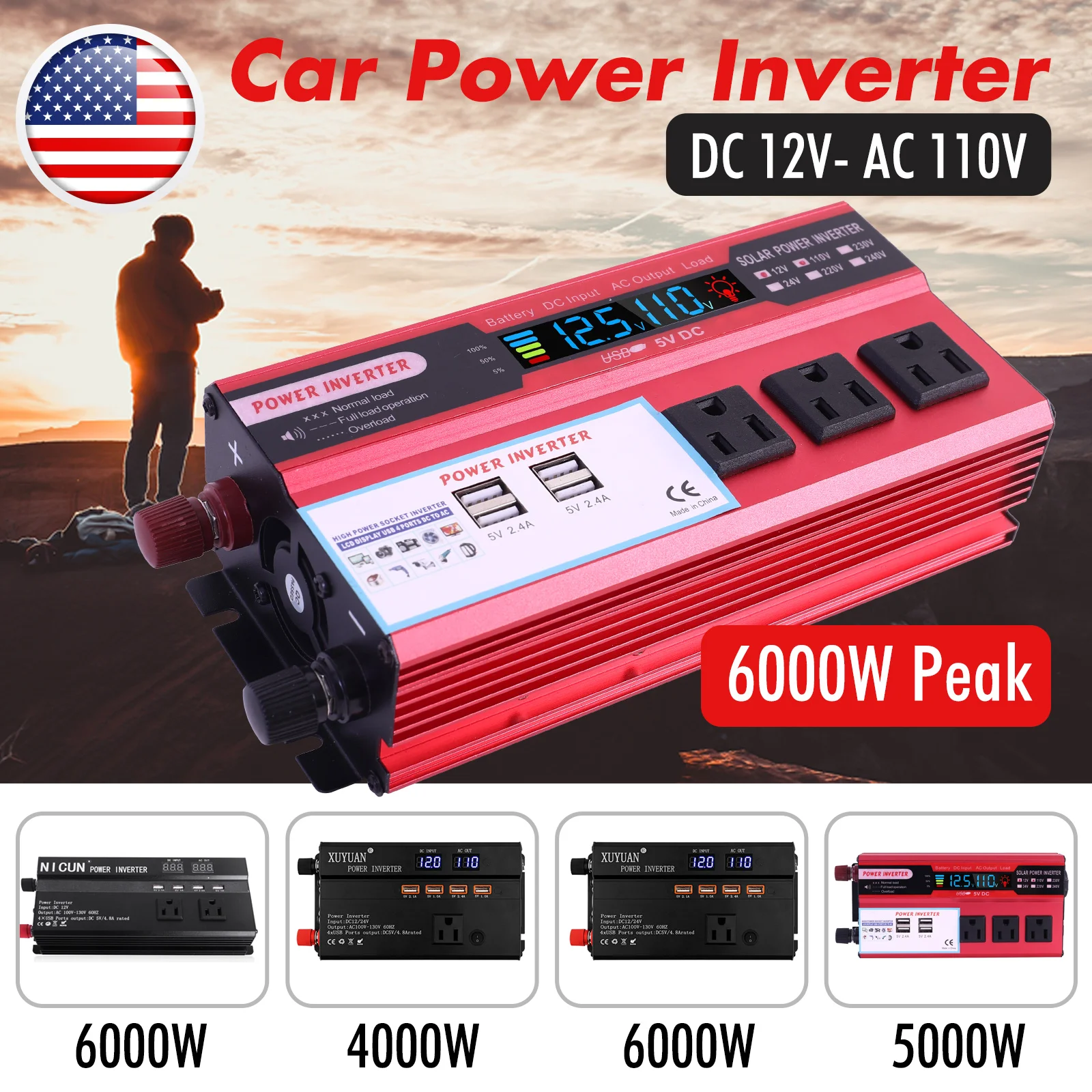 Convertidor de potencia para coche de 5000W, convertidor de CC de 12V a CA de 110V, LCD, 4 puertos USB y salida de CA de 110V, bater&iacute;a de encendedor de cigarrillos
