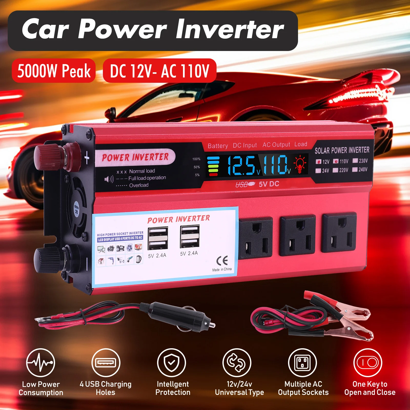 Convertidor de potencia para coche de 5000W, convertidor de CC de 12V a CA de 110V, LCD, 4 puertos USB y salida de CA de 110V, bater&iacute;a de encendedor de cigarrillos
