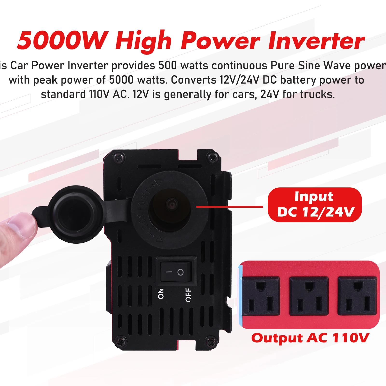 Convertidor de potencia para coche de 5000W, convertidor de CC de 12V a CA de 110V, LCD, 4 puertos USB y salida de CA de 110V, bater&iacute;a de encendedor de cigarrillos