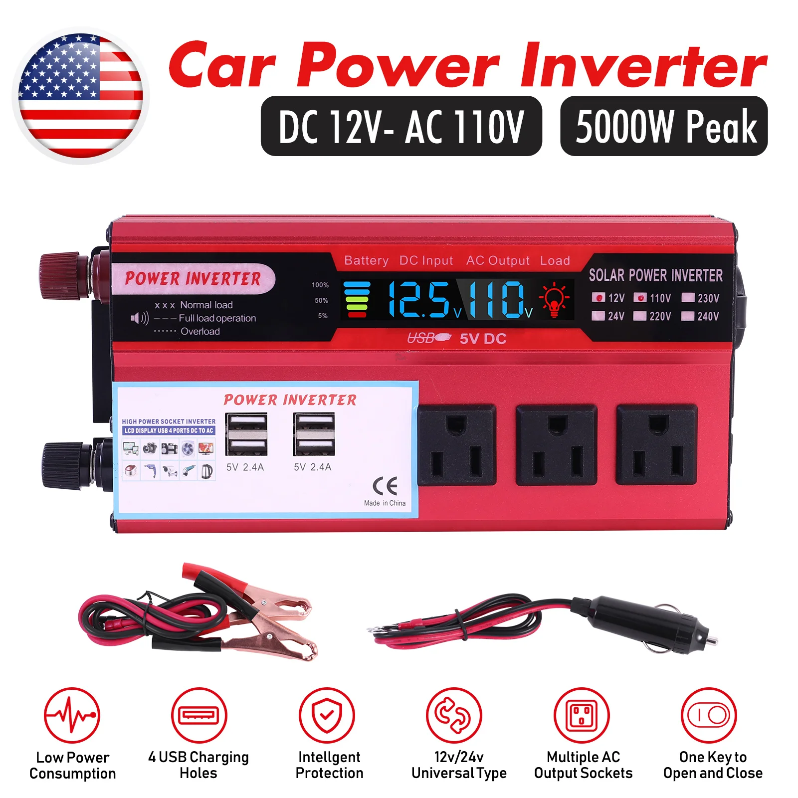 Convertidor de potencia para coche de 5000W, convertidor de CC de 12V a CA de 110V, LCD, 4 puertos USB y salida de CA de 110V, bater&iacute;a de encendedor de cigarrillos