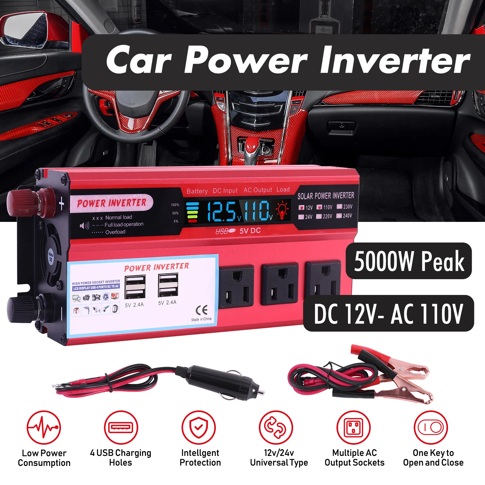 Convertidor de potencia para coche de 5000W, convertidor de CC de 12V a CA de 110V, LCD, 4 puertos USB y salida de CA de 110V, bater&iacute;a de encendedor de cigarrillos