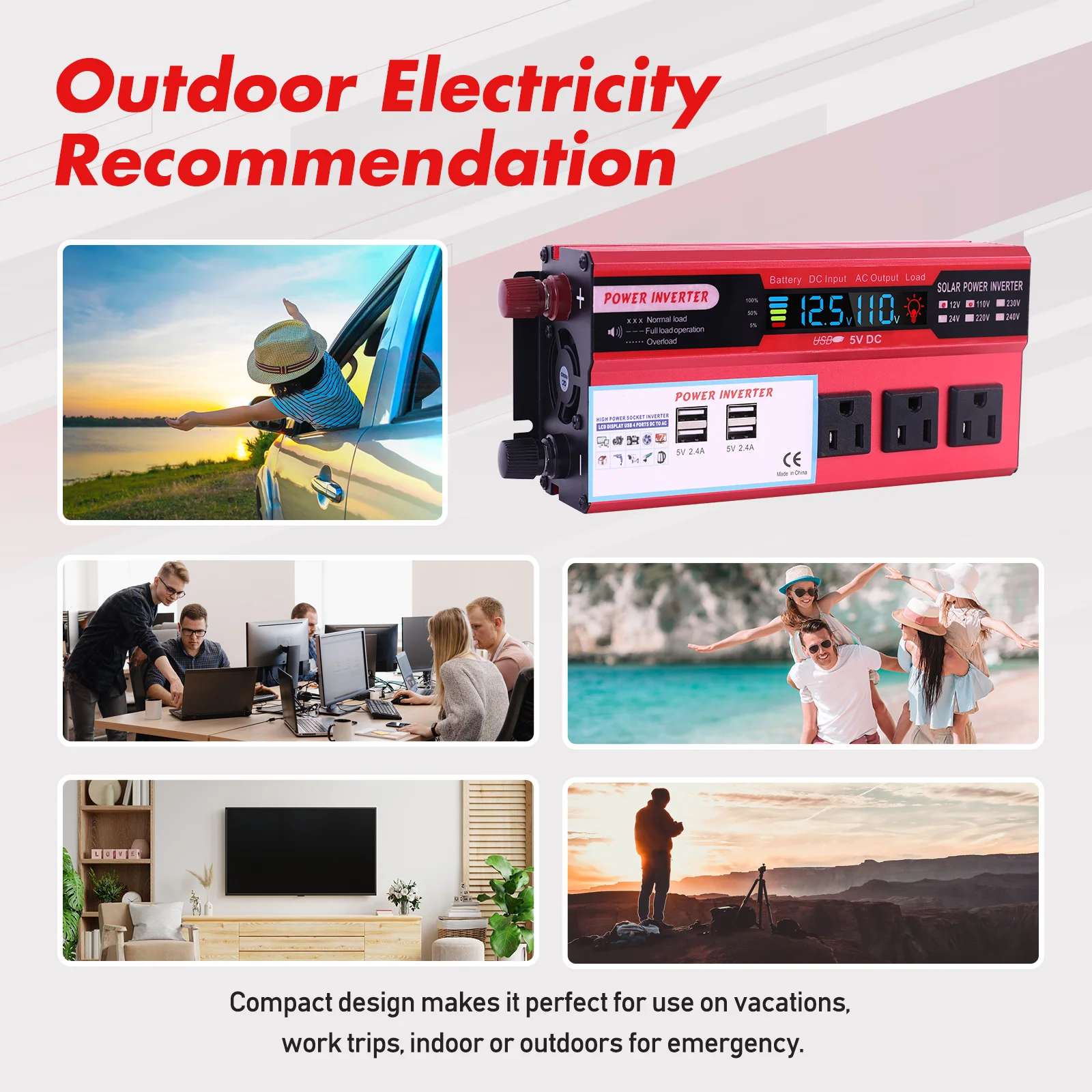 Convertidor de potencia para coche de 5000W, convertidor de CC de 12V a CA de 110V, LCD, 4 puertos USB y salida de CA de 110V, bater&iacute;a de encendedor de cigarrillos