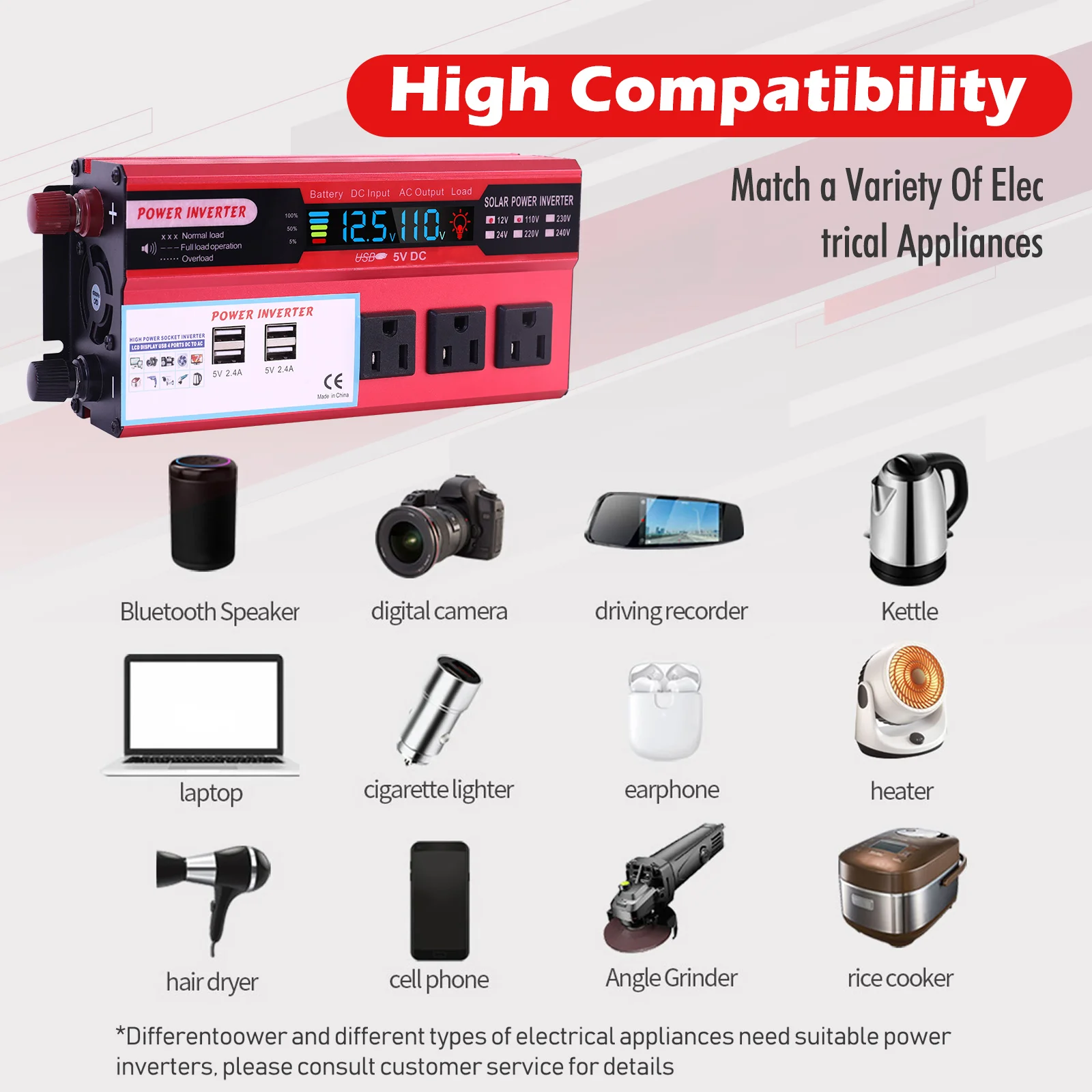 Convertidor de potencia para coche de 5000W, convertidor de CC de 12V a CA de 110V, LCD, 4 puertos USB y salida de CA de 110V, bater&iacute;a de encendedor de cigarrillos