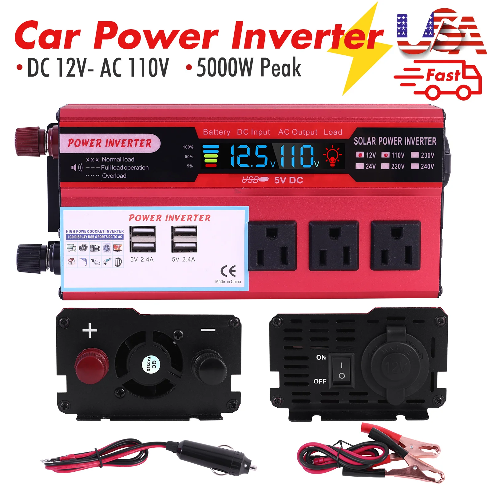Convertidor de potencia para coche de 5000W, convertidor de CC de 12V a CA de 110V, LCD, 4 puertos USB y salida de CA de 110V, bater&iacute;a de encendedor de cigarrillos