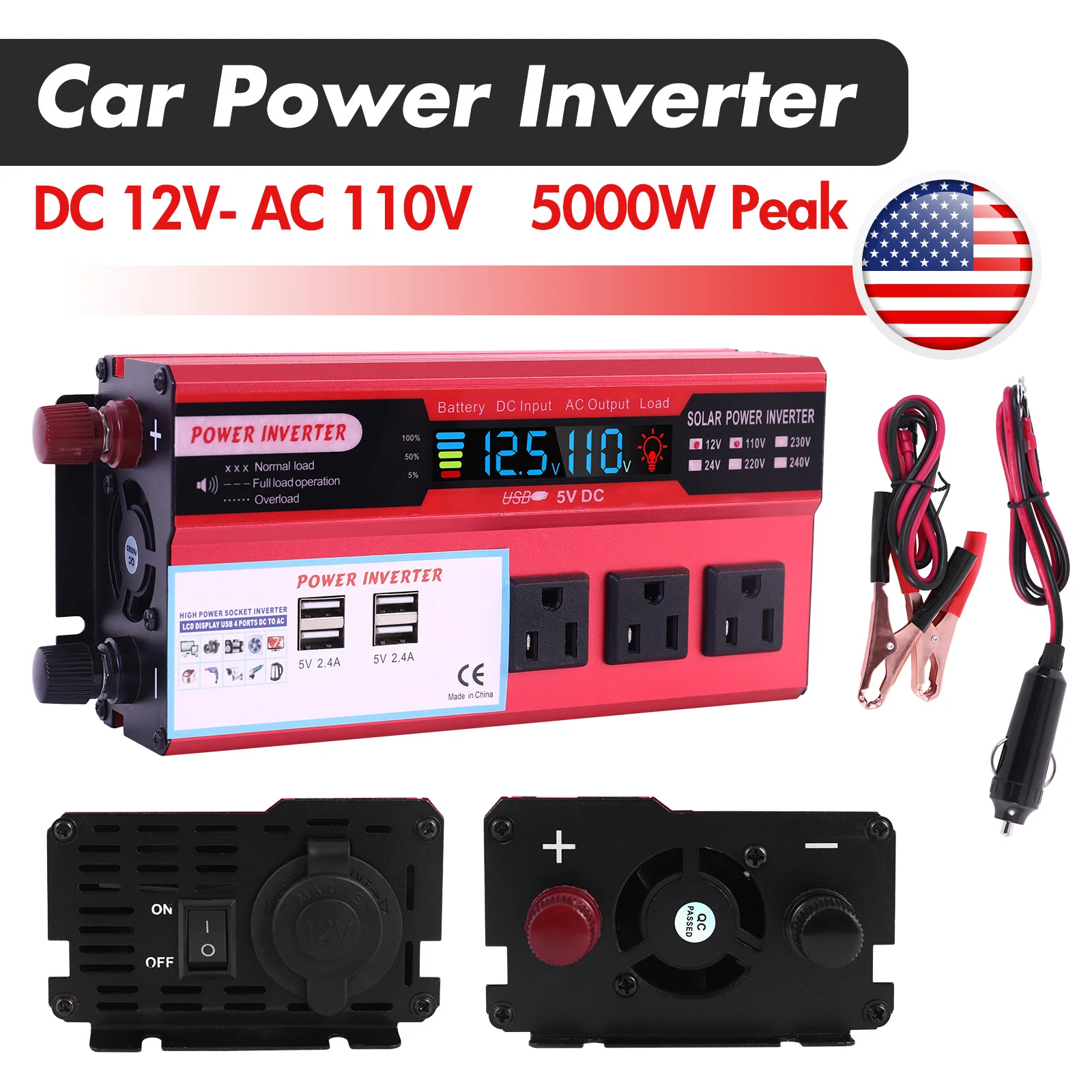 Convertidor de potencia para coche de 5000W, convertidor de CC de 12V a CA de 110V, LCD, 4 puertos USB y salida de CA de 110V, bater&iacute;a de encendedor de cigarrillos