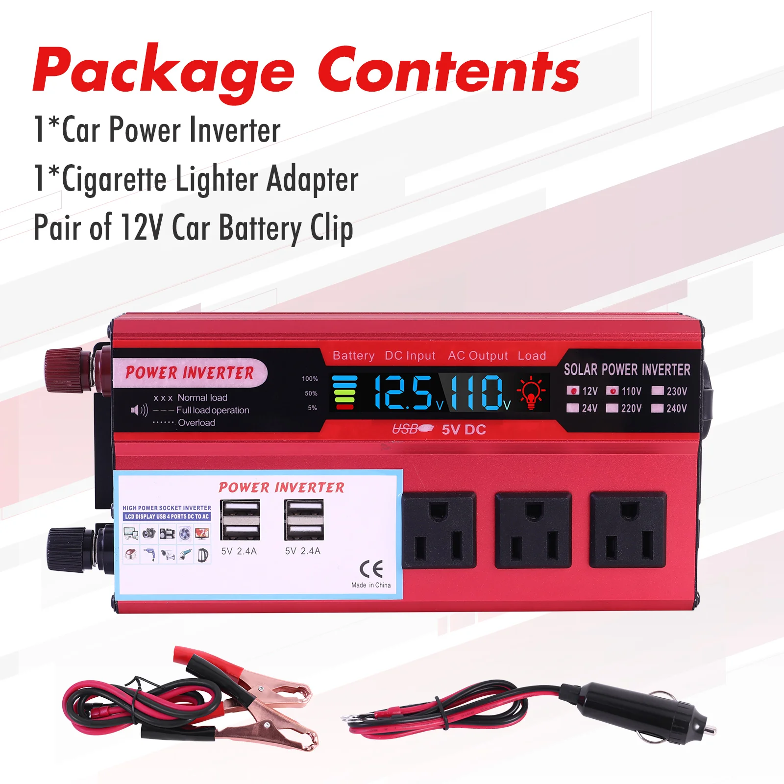 Convertidor de potencia para coche de 5000W, convertidor de CC de 12V a CA de 110V, LCD, 4 puertos USB y salida de CA de 110V, bater&iacute;a de encendedor de cigarrillos