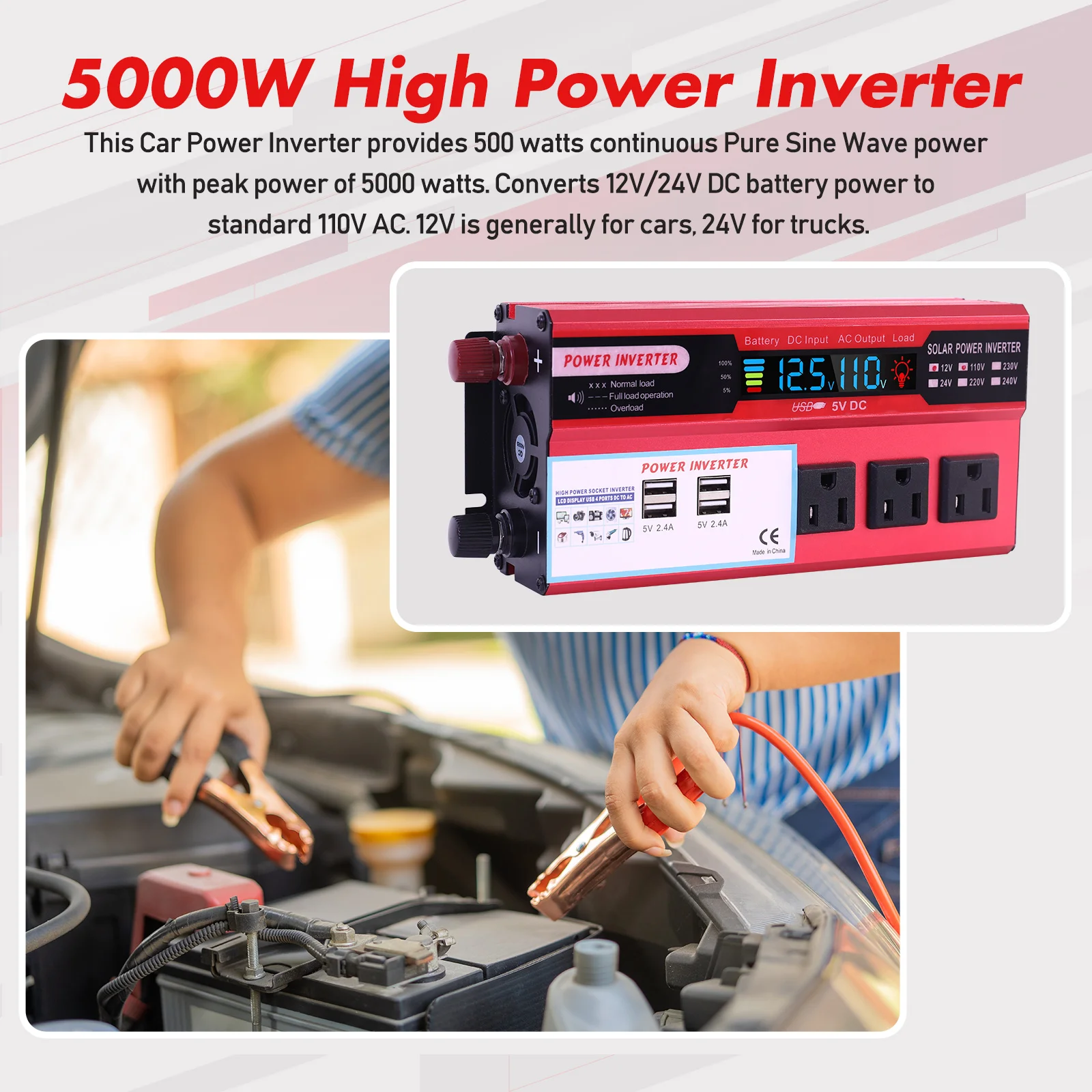 Convertidor de potencia para coche de 5000W, convertidor de CC de 12V a CA de 110V, LCD, 4 puertos USB y salida de CA de 110V, bater&iacute;a de encendedor de cigarrillos
