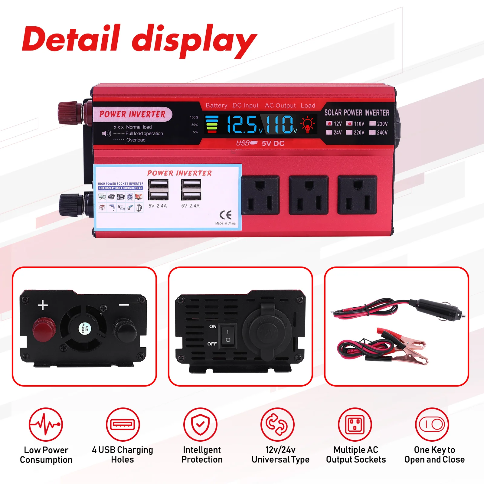Convertidor de potencia para coche de 5000W, convertidor de CC de 12V a CA de 110V, LCD, 4 puertos USB y salida de CA de 110V, bater&iacute;a de encendedor de cigarrillos