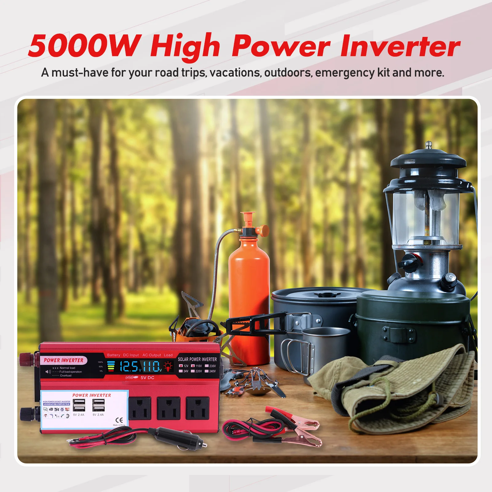 Convertidor de potencia para coche de 5000W, convertidor de CC de 12V a CA de 110V, LCD, 4 puertos USB y salida de CA de 110V, batería de encendedor de cigarrillos Convertidor de potencia para coche de 5000W, convertidor de CC de 12V a CA de 110V, LCD, 4 puertos USB y salida de CA de 110V, batería de encendedor de cigarrillos