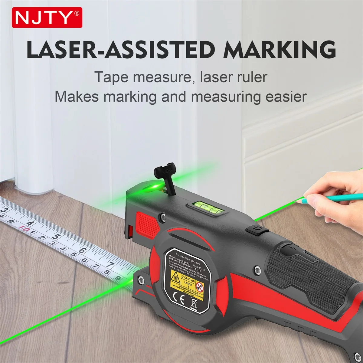 NJTY ZF001 - Medidor L&aacute;ser 3 en 1 de 5 m/16 pies, L&aacute;ser Verde, Carga Tipo C, Bloqueo Autom&aacute;tico, Nivel de Burbuja para Bricolaje, Construcci&oacute;n y Hogar