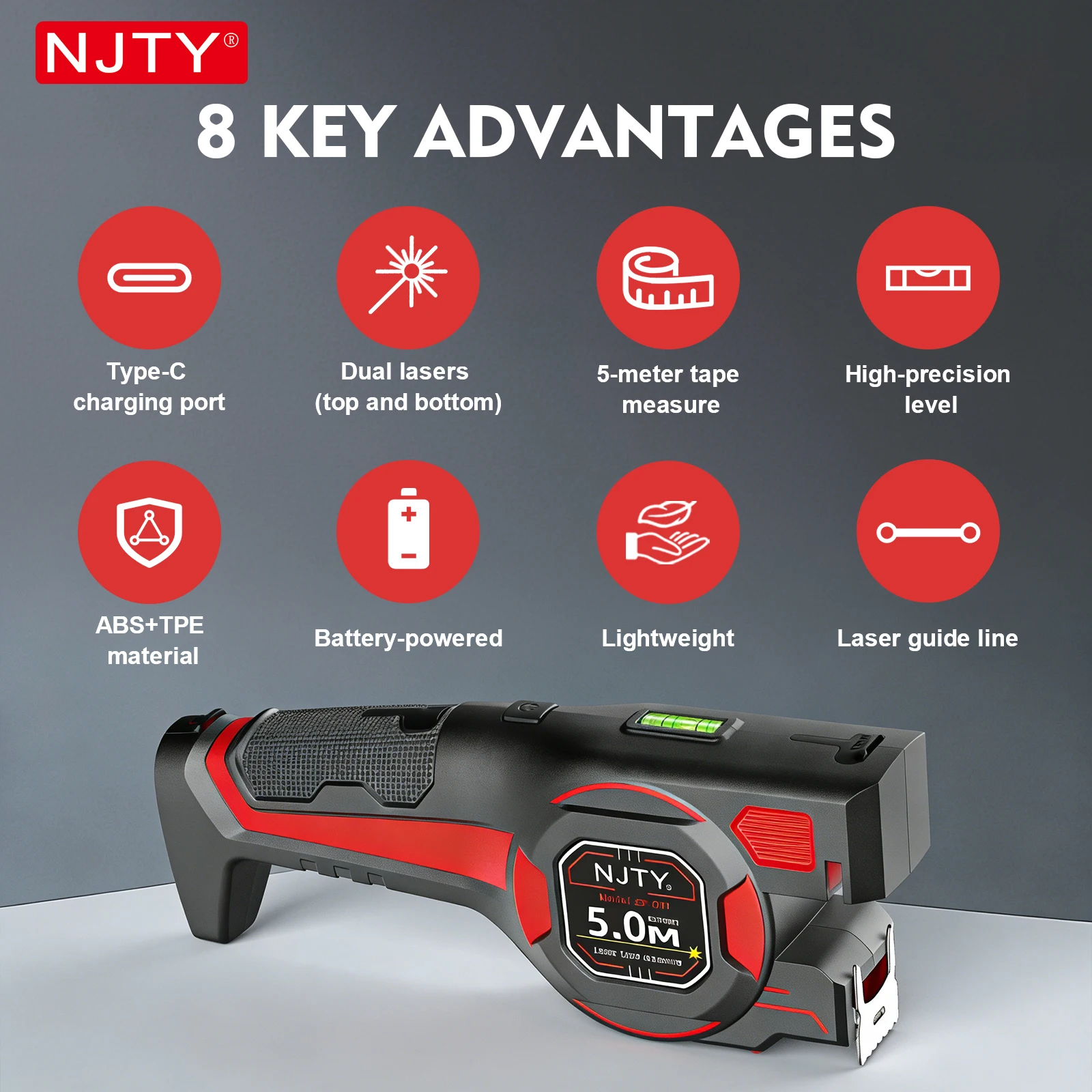 NJTY ZF001 – Medidor Láser 3 en 1 de 5 m/16 pies, Láser Verde, Carga Tipo C, Bloqueo Automático, Nivel de Burbuja para Bricolaje, Construcción y Hogar NJTY ZF001 - Medidor Láser 3 en 1 de 5 m/16 pies, Láser Verde, Carga Tipo C, Bloqueo Automático, Nivel de Burbuja para Bricolaje, Construcción y Hogar