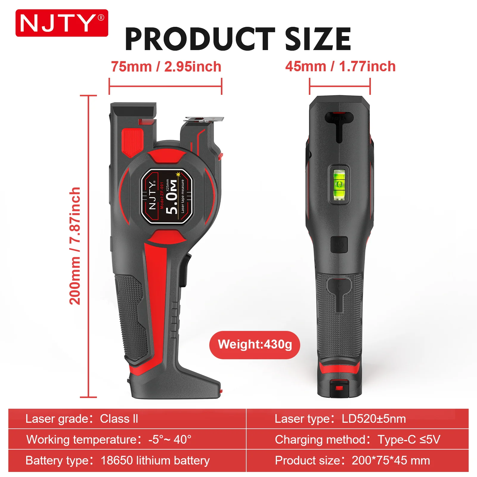 NJTY ZF001 - Medidor L&aacute;ser 3 en 1 de 5 m/16 pies, L&aacute;ser Verde, Carga Tipo C, Bloqueo Autom&aacute;tico, Nivel de Burbuja para Bricolaje, Construcci&oacute;n y Hogar