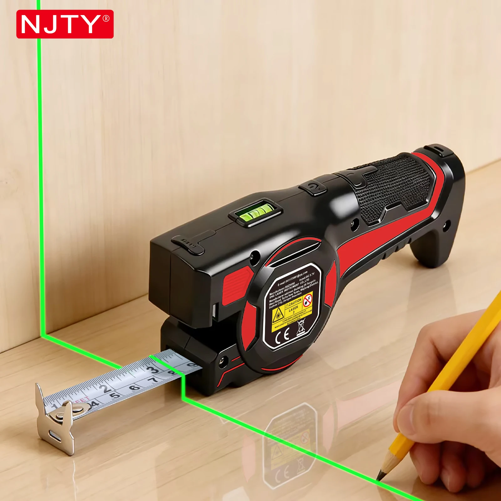 NJTY ZF001 - Medidor L&aacute;ser 3 en 1 de 5 m/16 pies, L&aacute;ser Verde, Carga Tipo C, Bloqueo Autom&aacute;tico, Nivel de Burbuja para Bricolaje, Construcci&oacute;n y Hogar
