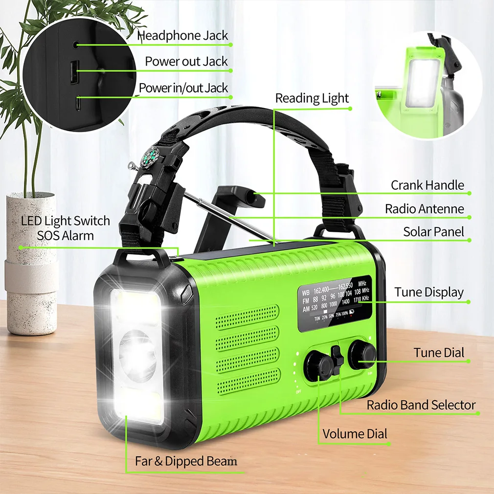 Radio de Manivela con Generador, 20000mAh, Radio de Emergencia Solar AM/FM, Radio Meteorol&oacute;gica, Alarma SOS, Banco de Energ&iacute;a, Linterna, Dropshipping
