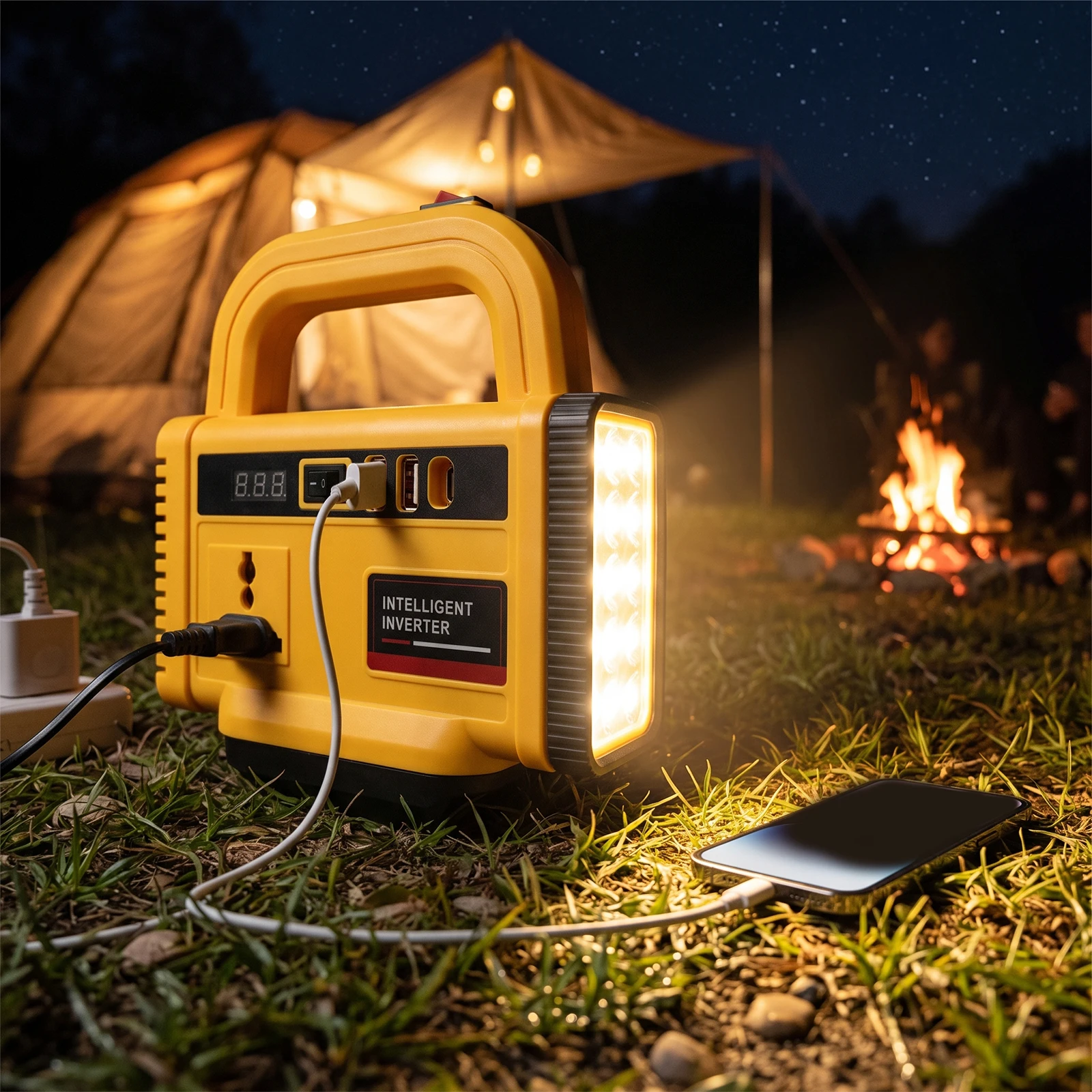 Inversor de Corriente de 150W con Luz de Trabajo LED, DC 18-21V a AC 220V, Estaci&oacute;n de Energ&iacute;a Port&aacute;til con 1 Puerto Tipo-C y 2 Puertos USB, Inversor de Bater&iacute;a