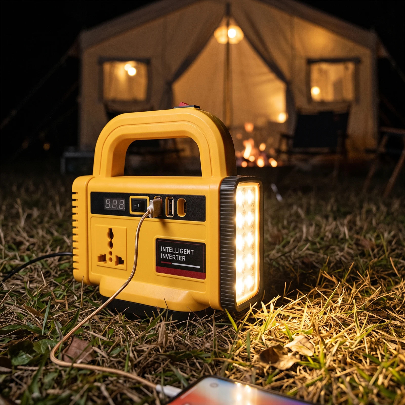 Inversor de Corriente de 150W con Luz de Trabajo LED, DC 18-21V a AC 220V, Estaci&oacute;n de Energ&iacute;a Port&aacute;til con 1 Puerto Tipo-C y 2 Puertos USB, Inversor de Bater&iacute;a