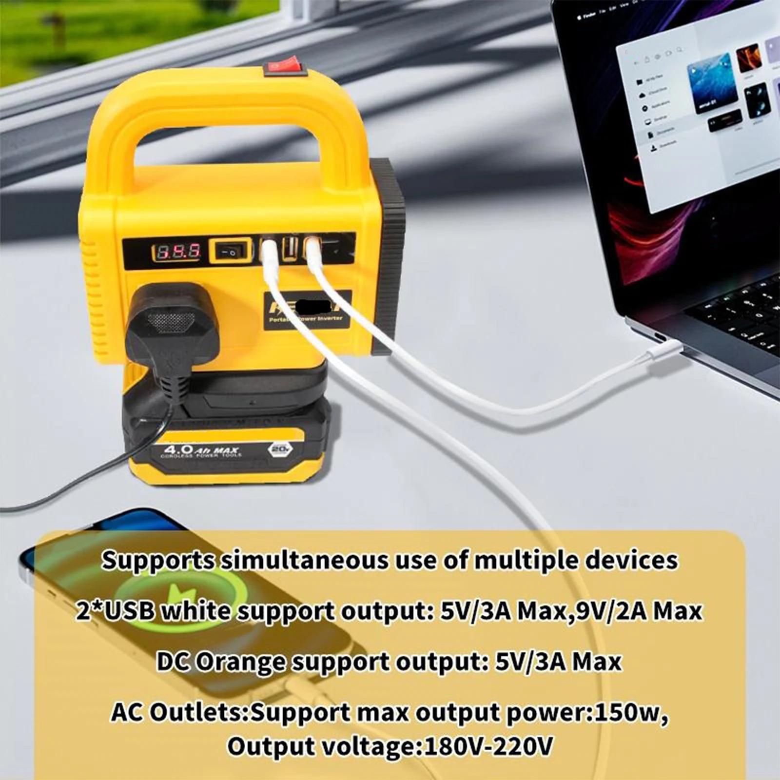 Inversor de Corriente de 150W con Luz de Trabajo LED, DC 18-21V a AC 220V, Estación de Energía Portátil con 1 Puerto Tipo-C y 2 Puertos USB, Inversor de Batería Inversor de Corriente de 150W con Luz de Trabajo LED, DC 18-21V a AC 220V, Estación de Energía Portátil con 1 Puerto Tipo-C y 2 Puertos USB, Inversor de Batería
