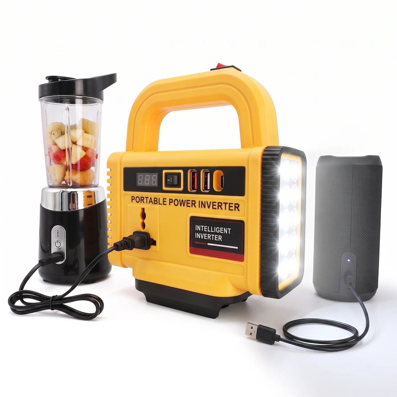 Inversor de Corriente de 150W con Luz de Trabajo LED, DC 18-21V a AC 220V, Estación de Energía Portátil con 1 Puerto Tipo-C y 2 Puertos USB, Inversor de Batería Inversor de Corriente de 150W con Luz de Trabajo LED, DC 18-21V a AC 220V, Estación de Energía Portátil con 1 Puerto Tipo-C y 2 Puertos USB, Inversor de Batería