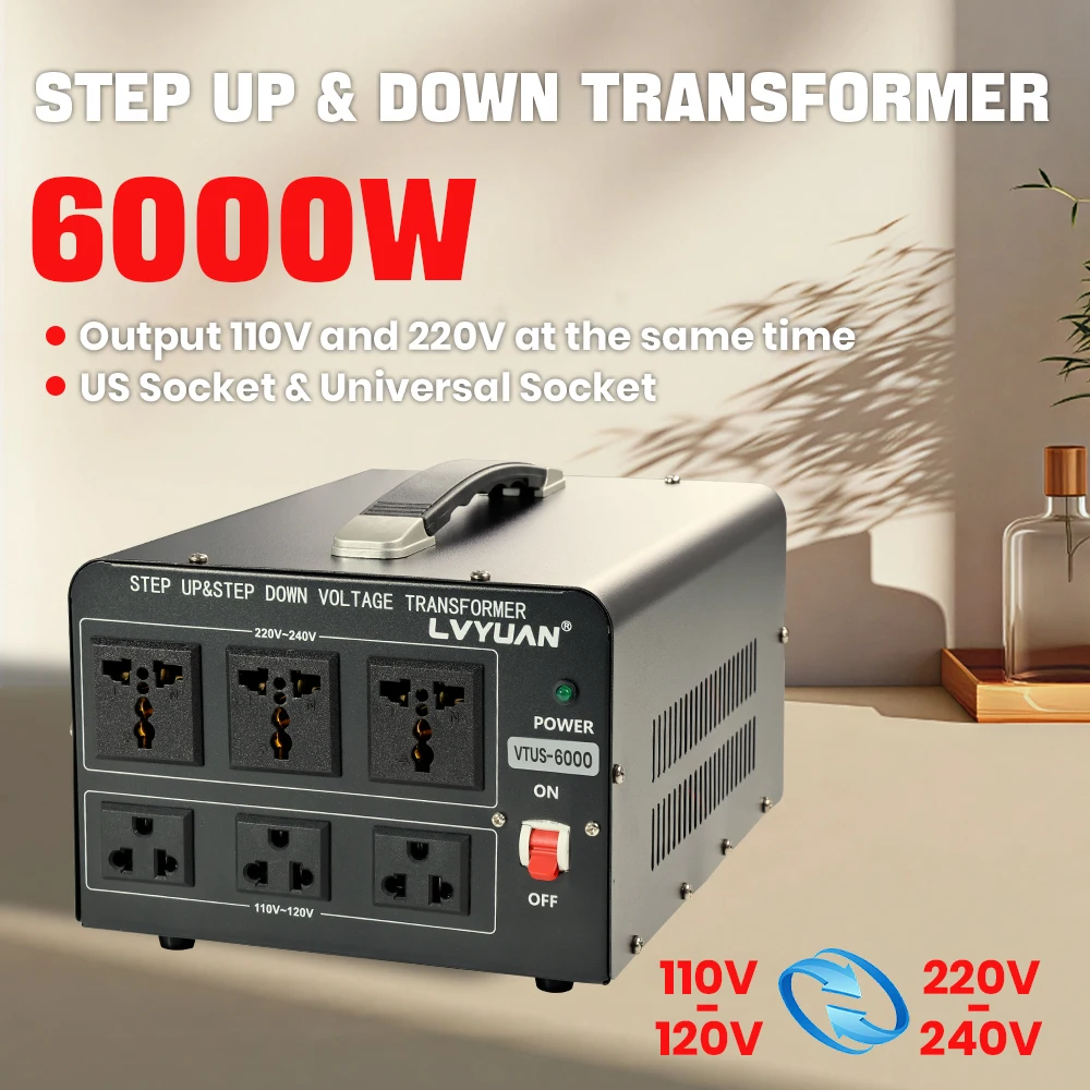 Transformador Convertidor de Voltaje Lvyuan 700VA/3500VA/6000VA de Alta Resistencia, Transformador Elevador/Reductor con Enchufe US&UN y Puerto USB de 5V