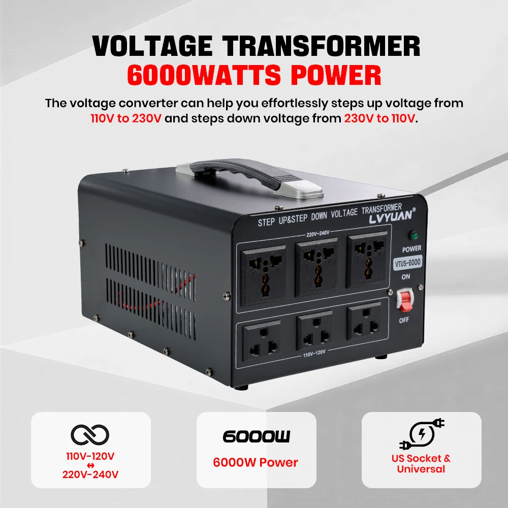Transformador Convertidor de Voltaje Lvyuan 700VA/3500VA/6000VA de Alta Resistencia, Transformador Elevador/Reductor con Enchufe US&UN y Puerto USB de 5V