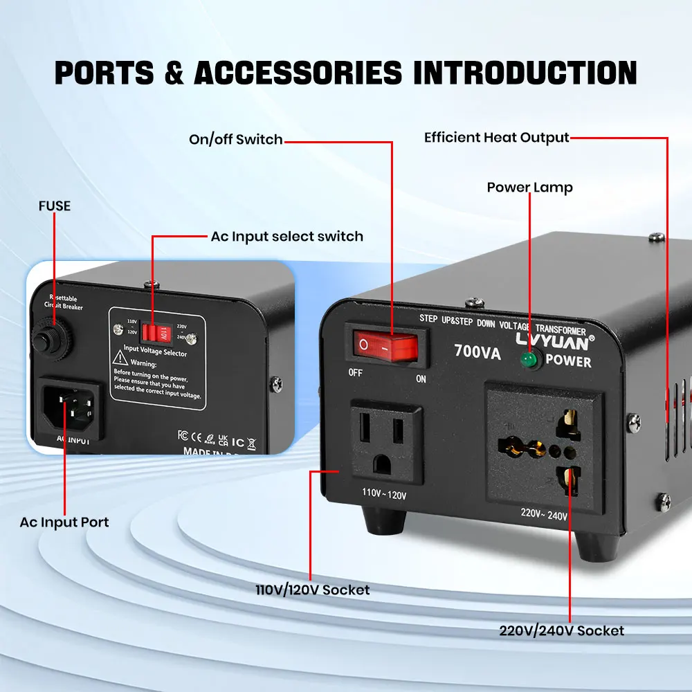 Transformador Convertidor de Voltaje Lvyuan 700VA/3500VA/6000VA de Alta Resistencia, Transformador Elevador/Reductor con Enchufe US&UN y Puerto USB de 5V