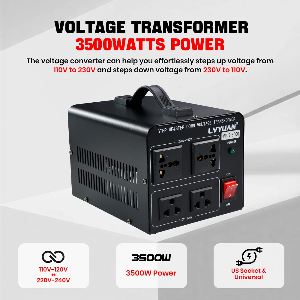 Transformador Convertidor de Voltaje Lvyuan 700VA/3500VA/6000VA de Alta Resistencia, Transformador Elevador/Reductor con Enchufe US&UN y Puerto USB de 5V