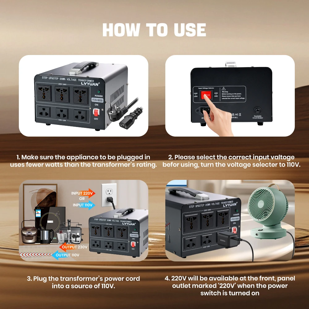 Transformador Convertidor de Voltaje Lvyuan 700VA/3500VA/6000VA de Alta Resistencia, Transformador Elevador/Reductor con Enchufe US&UN y Puerto USB de 5V