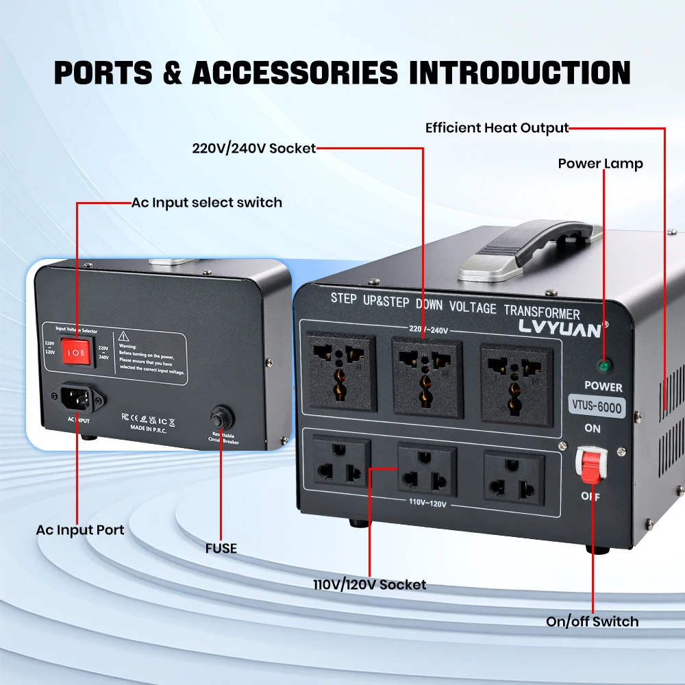 Transformador Convertidor de Voltaje Lvyuan 700VA/3500VA/6000VA de Alta Resistencia, Transformador Elevador/Reductor con Enchufe US&UN y Puerto USB de 5V