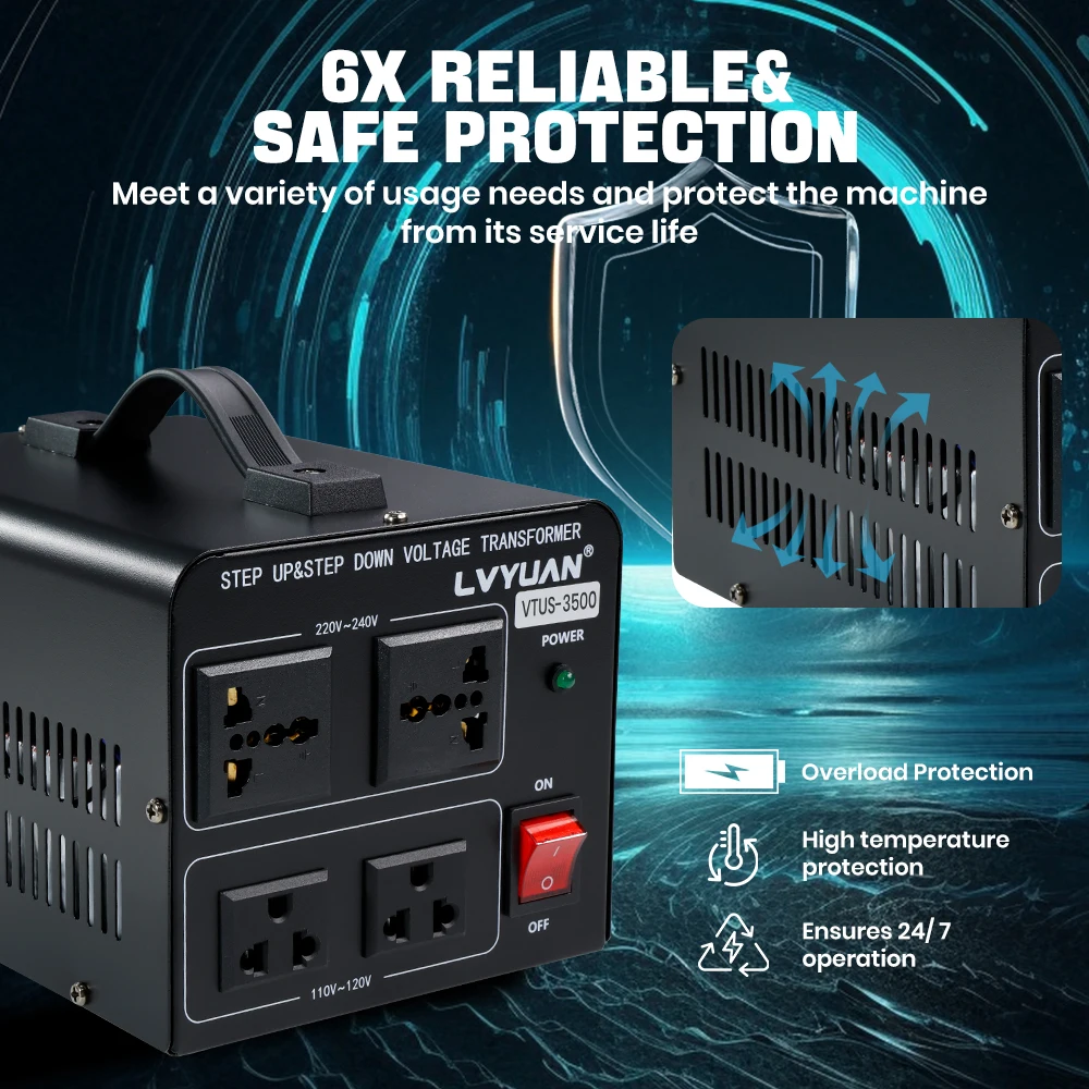 Transformador Convertidor de Voltaje Lvyuan 700VA/3500VA/6000VA de Alta Resistencia, Transformador Elevador/Reductor con Enchufe US&UN y Puerto USB de 5V
