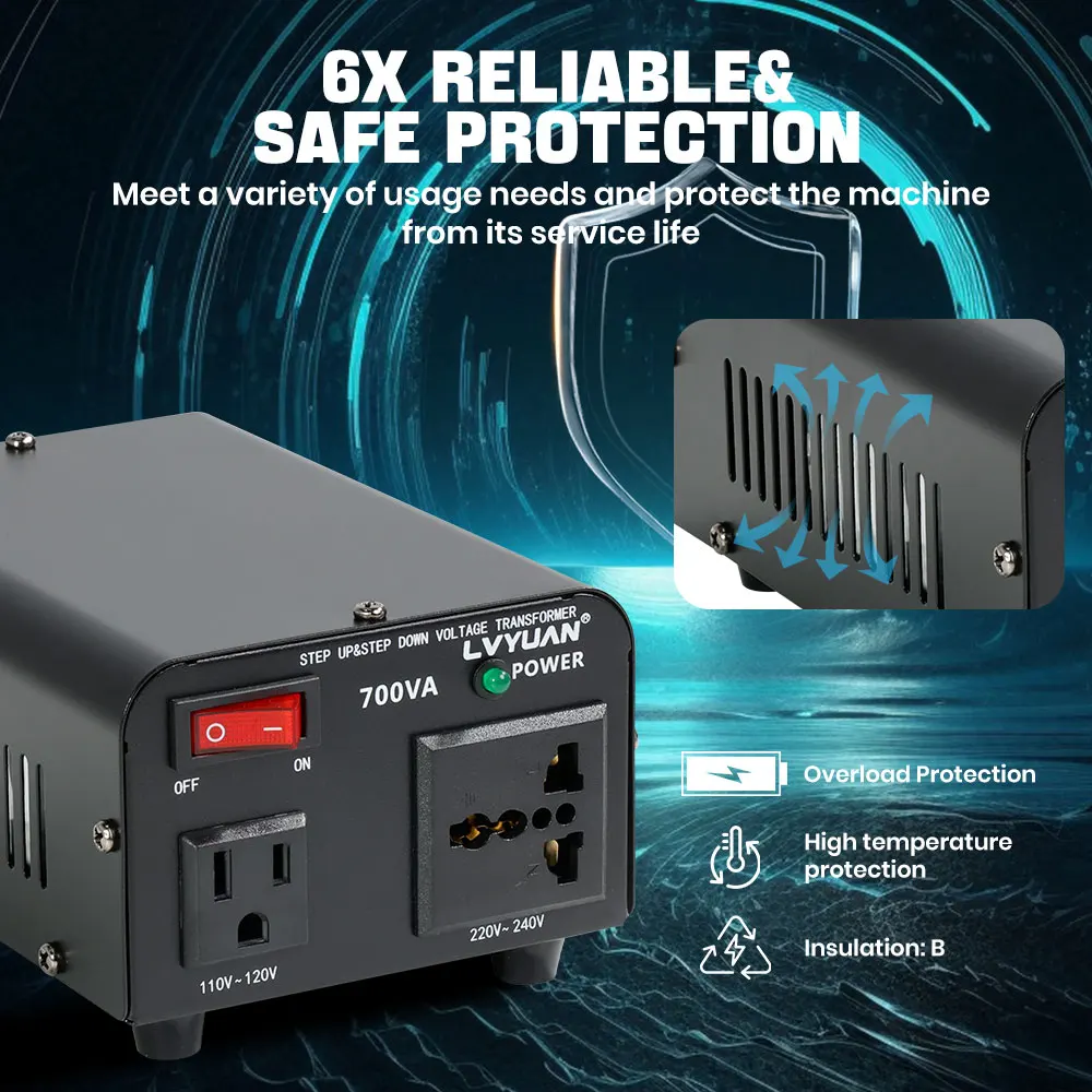 Transformador Convertidor de Voltaje Lvyuan 700VA/3500VA/6000VA de Alta Resistencia, Transformador Elevador/Reductor con Enchufe US&UN y Puerto USB de 5V