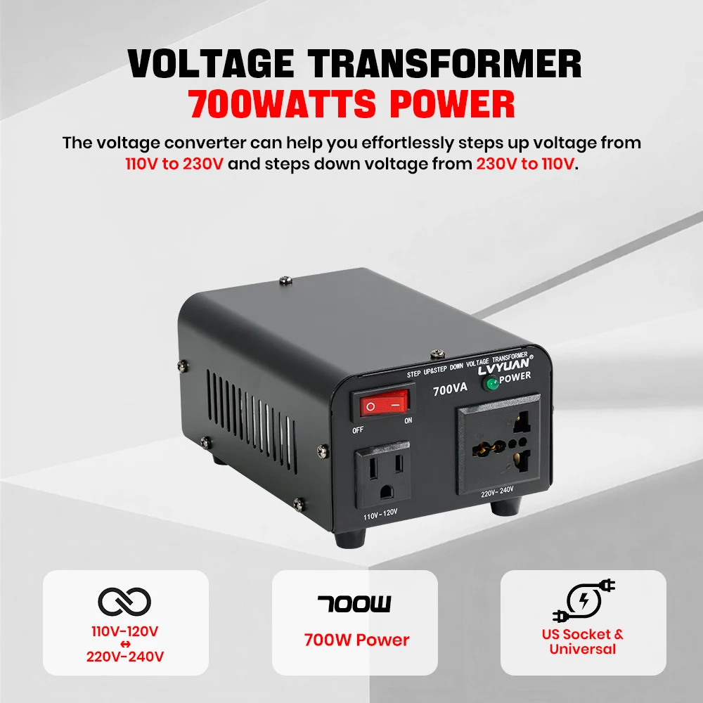 Transformador Convertidor de Voltaje Lvyuan 700VA/3500VA/6000VA de Alta Resistencia, Transformador Elevador/Reductor con Enchufe US&UN y Puerto USB de 5V