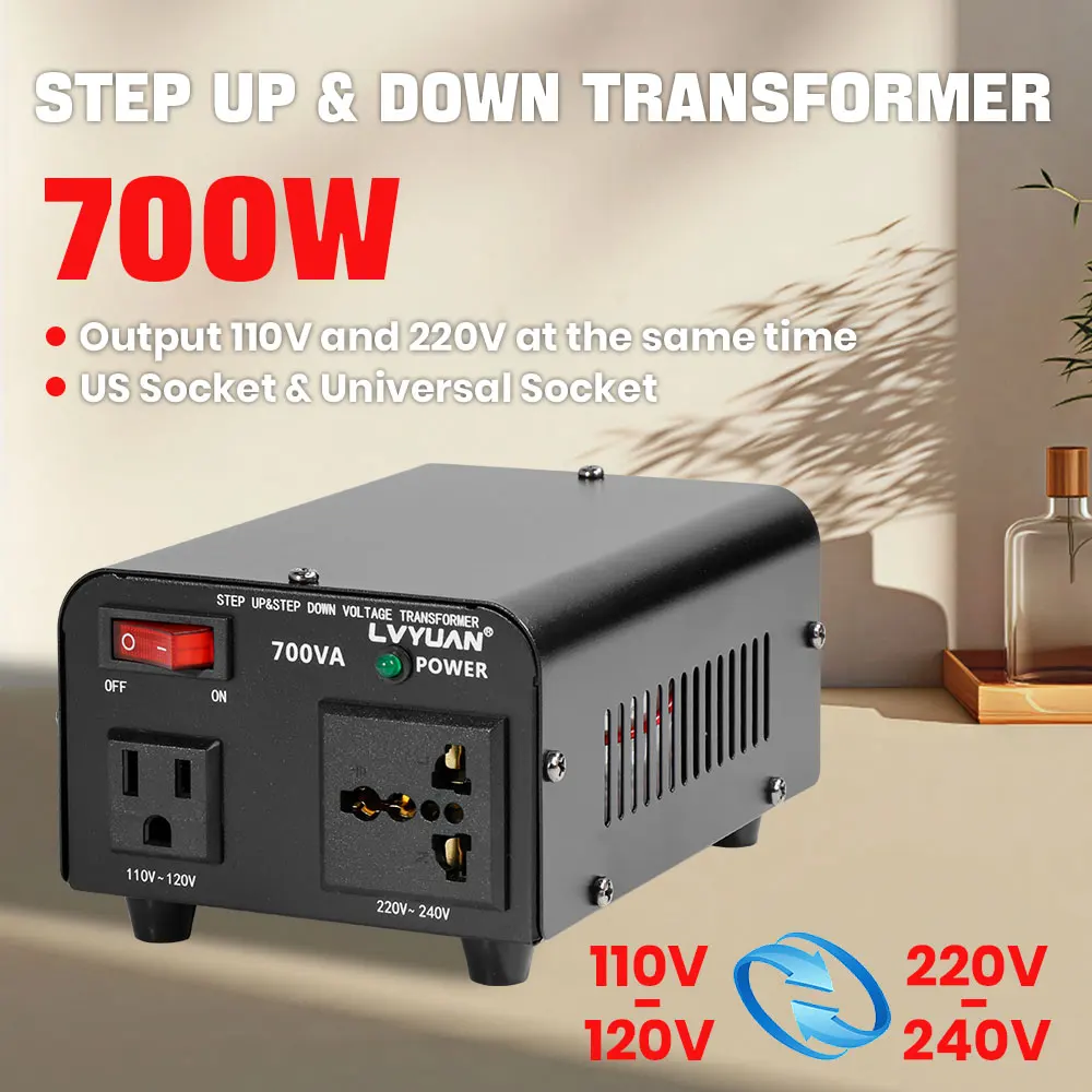 Transformador Convertidor de Voltaje Lvyuan 700VA/3500VA/6000VA de Alta Resistencia, Transformador Elevador/Reductor con Enchufe US&UN y Puerto USB de 5V