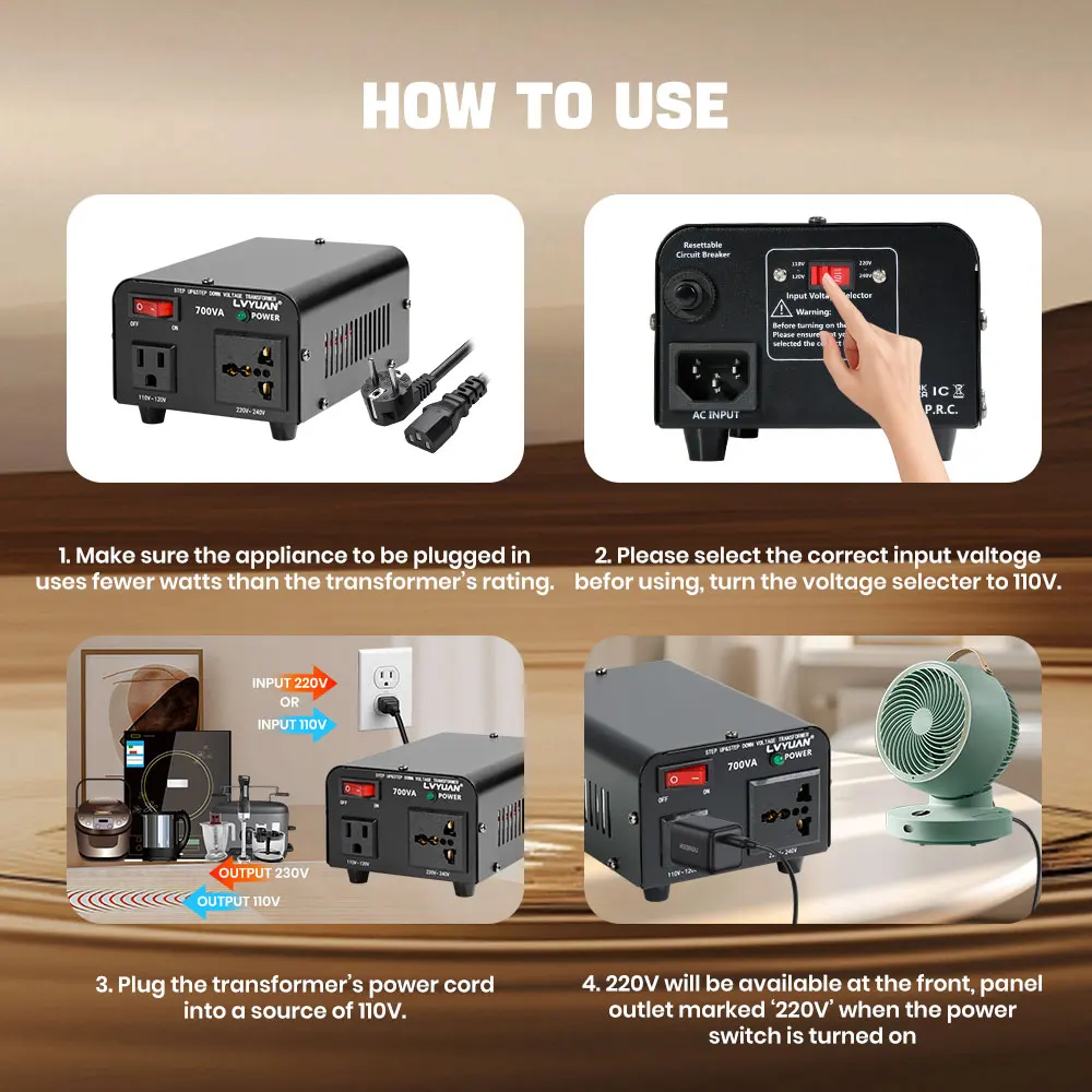 Transformador Convertidor de Voltaje Lvyuan 700VA/3500VA/6000VA de Alta Resistencia, Transformador Elevador/Reductor con Enchufe US&UN y Puerto USB de 5V