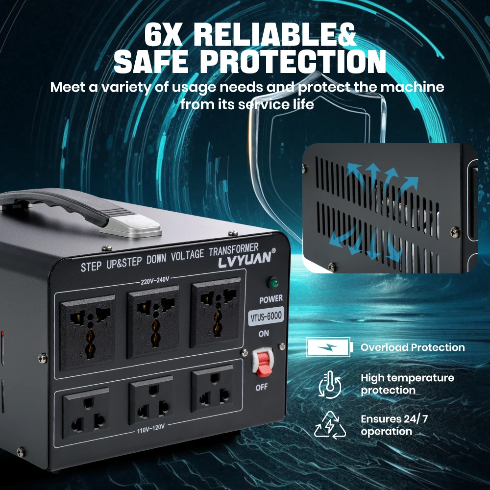 Transformador Convertidor de Voltaje Lvyuan 700VA/3500VA/6000VA de Alta Resistencia, Transformador Elevador/Reductor con Enchufe US&UN y Puerto USB de 5V