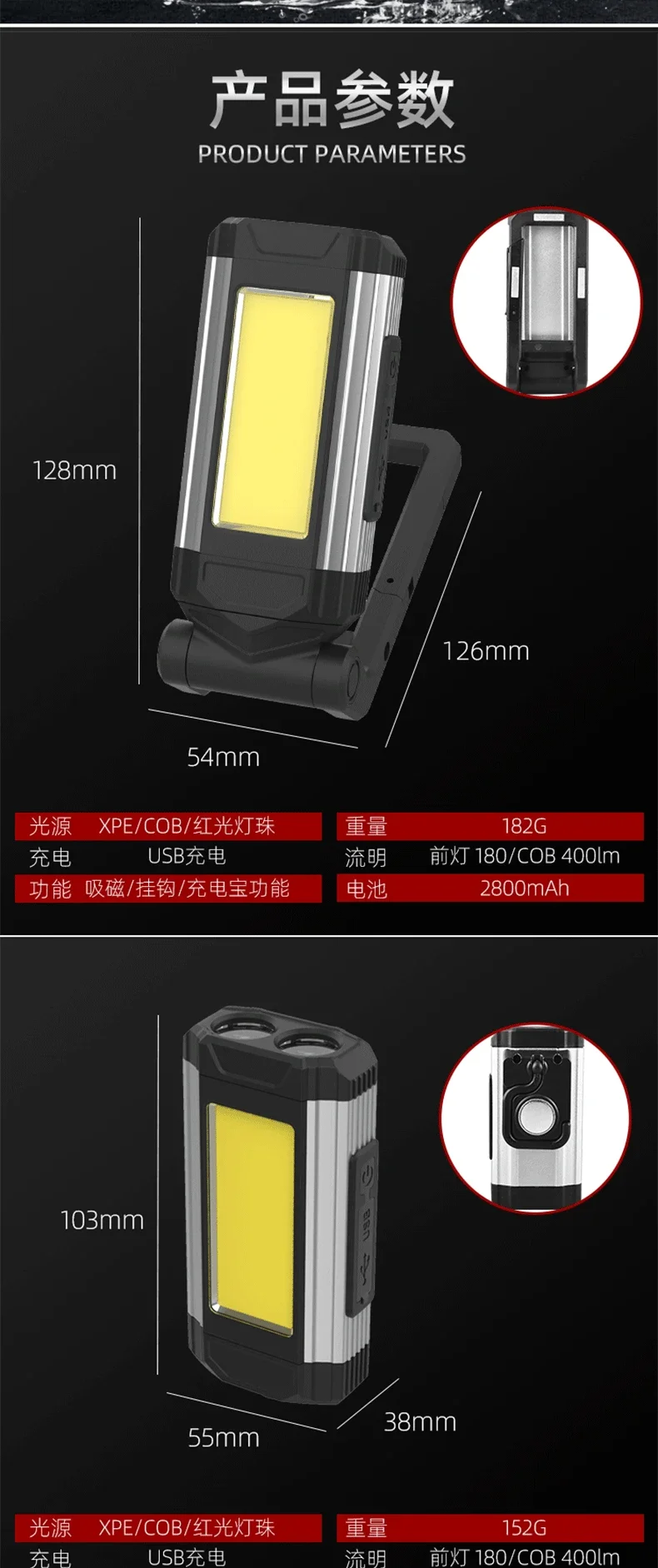 Nueva luz de trabajo COB magn&eacute;tica, linterna LED recargable por USB, linterna port&aacute;til, luz de Camping, l&aacute;mparas con funci&oacute;n de Banco de energ&iacute;a tipo C