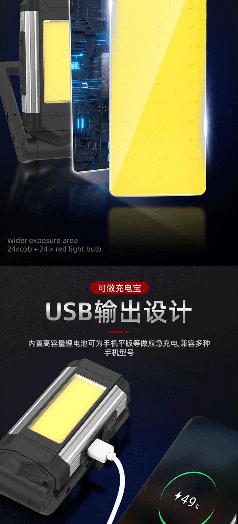 Nueva luz de trabajo COB magn&eacute;tica, linterna LED recargable por USB, linterna port&aacute;til, luz de Camping, l&aacute;mparas con funci&oacute;n de Banco de energ&iacute;a tipo C