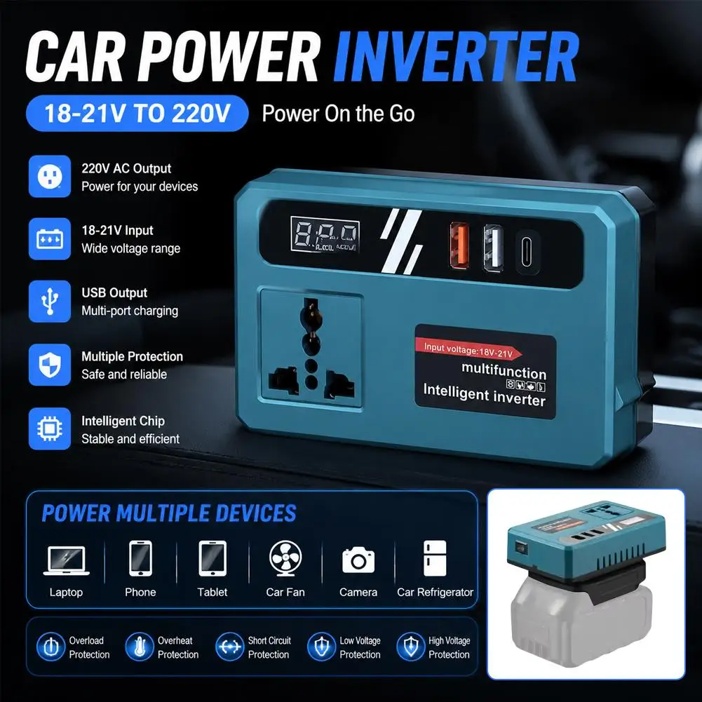Inversor Inteligente de Bater&iacute;a de Litio de 18V-21V a AC 220V, Inversor de Corriente Port&aacute;til para Autom&oacute;vil con Doble Puerto USB Tipo-C de Carga R&aacute;pida Inteligente