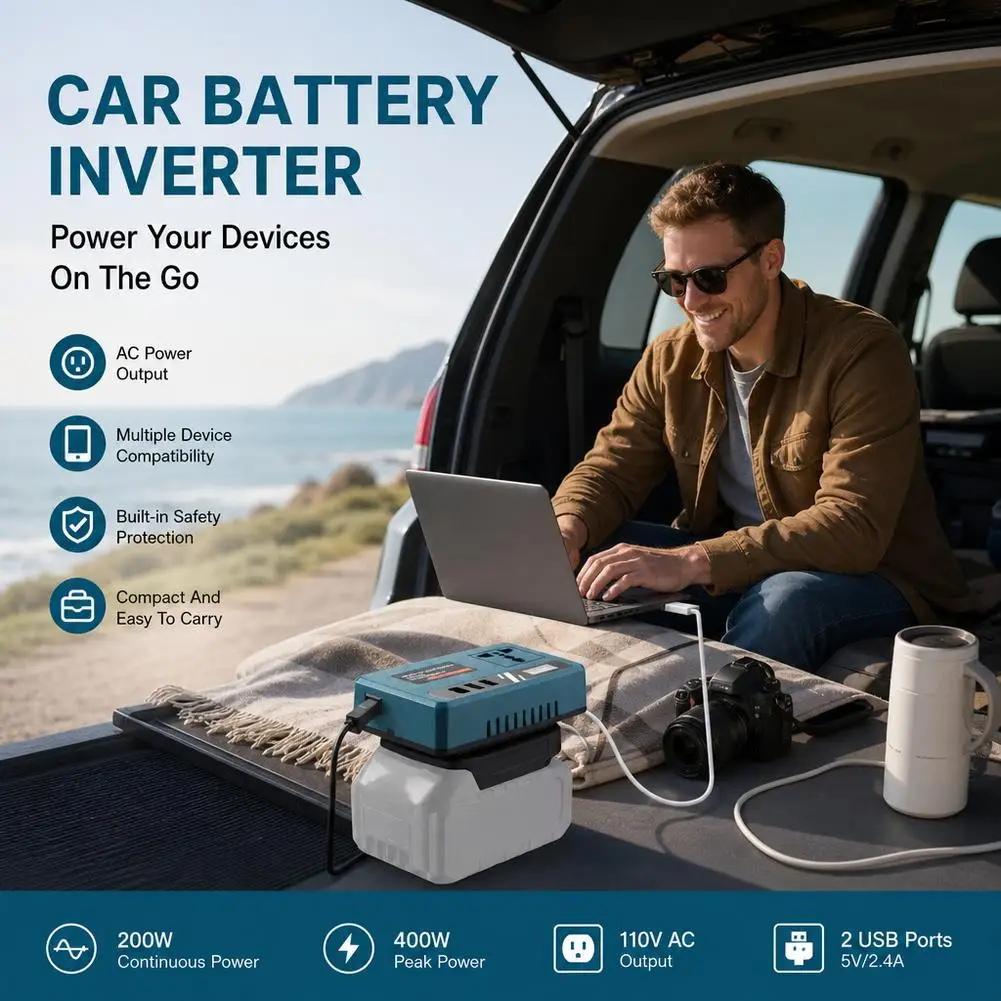 Inversor Inteligente de Bater&iacute;a de Litio de 18V-21V a AC 220V, Inversor de Corriente Port&aacute;til para Autom&oacute;vil con Doble Puerto USB Tipo-C de Carga R&aacute;pida Inteligente