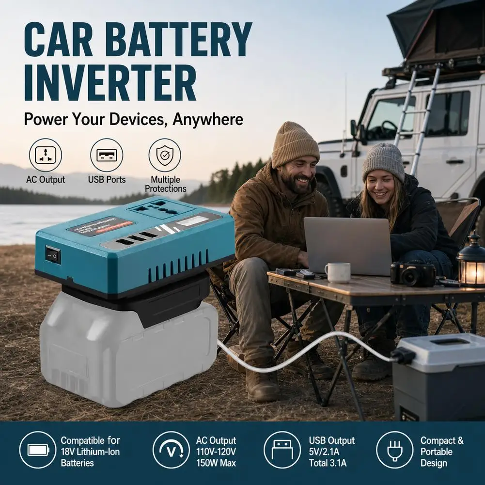 Inversor Inteligente de Bater&iacute;a de Litio de 18V-21V a AC 220V, Inversor de Corriente Port&aacute;til para Autom&oacute;vil con Doble Puerto USB Tipo-C de Carga R&aacute;pida Inteligente