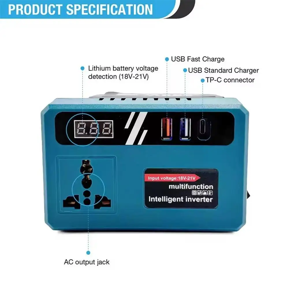 Inversor Inteligente de Bater&iacute;a de Litio de 18V-21V a AC 220V, Inversor de Corriente Port&aacute;til para Autom&oacute;vil con Doble Puerto USB Tipo-C de Carga R&aacute;pida Inteligente