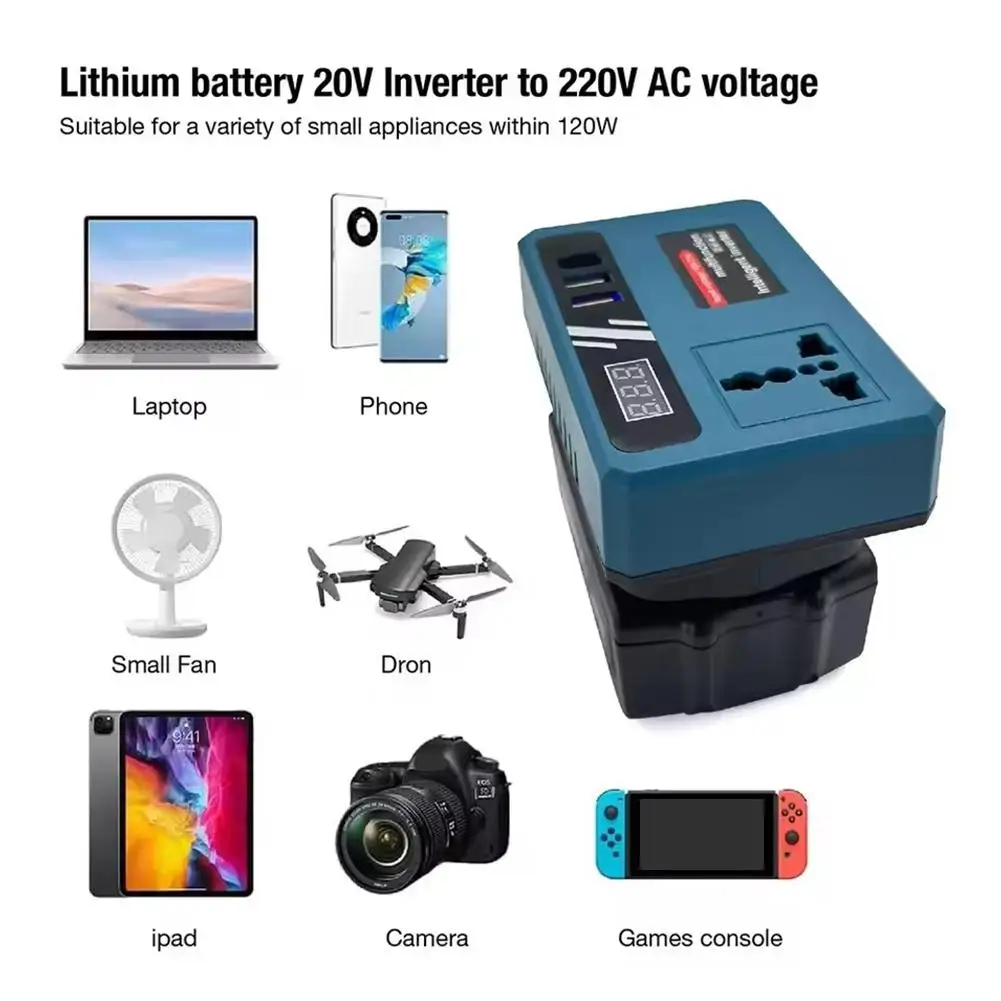 Inversor Inteligente de Bater&iacute;a de Litio de 18V-21V a AC 220V, Inversor de Corriente Port&aacute;til para Autom&oacute;vil con Doble Puerto USB Tipo-C de Carga R&aacute;pida Inteligente