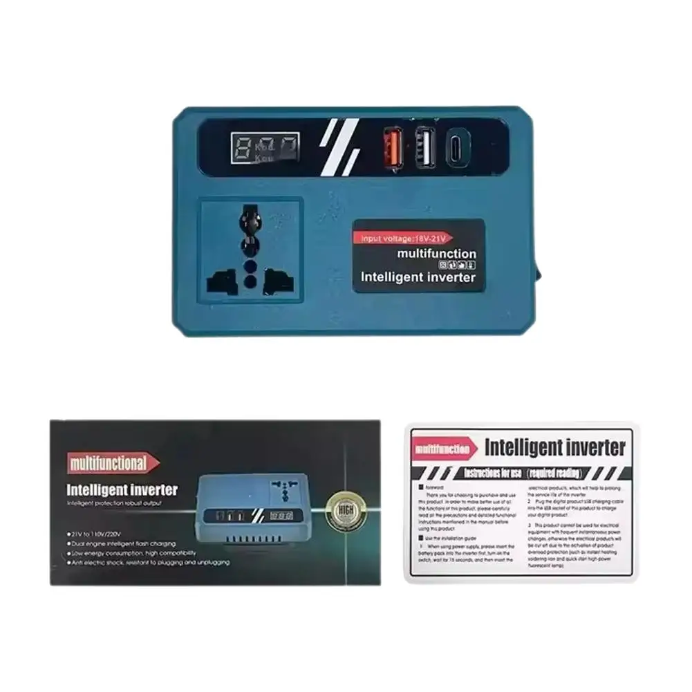 Inversor Inteligente de Bater&iacute;a de Litio de 18V-21V a AC 220V, Inversor de Corriente Port&aacute;til para Autom&oacute;vil con Doble Puerto USB Tipo-C de Carga R&aacute;pida Inteligente