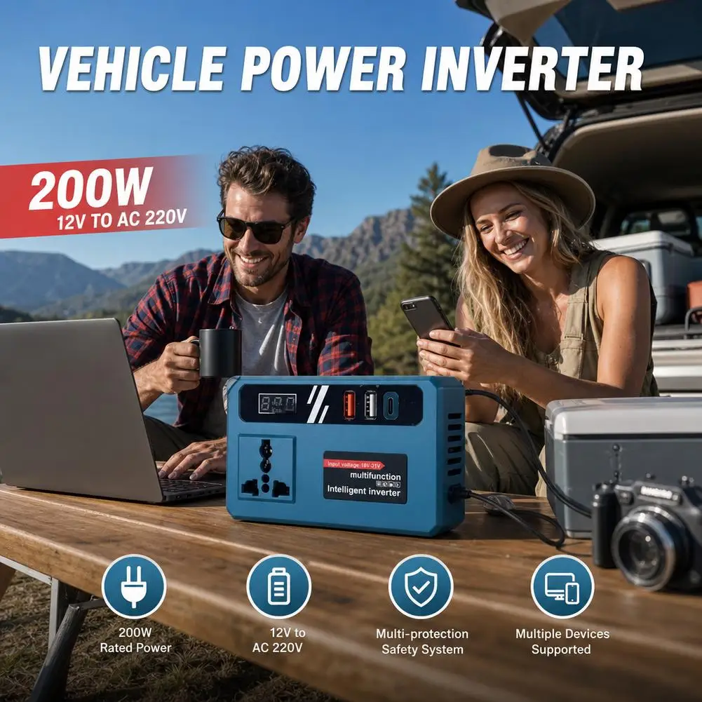 Inversor Inteligente de Bater&iacute;a de Litio de 18V-21V a AC 220V, Inversor de Corriente Port&aacute;til para Autom&oacute;vil con Doble Puerto USB Tipo-C de Carga R&aacute;pida Inteligente