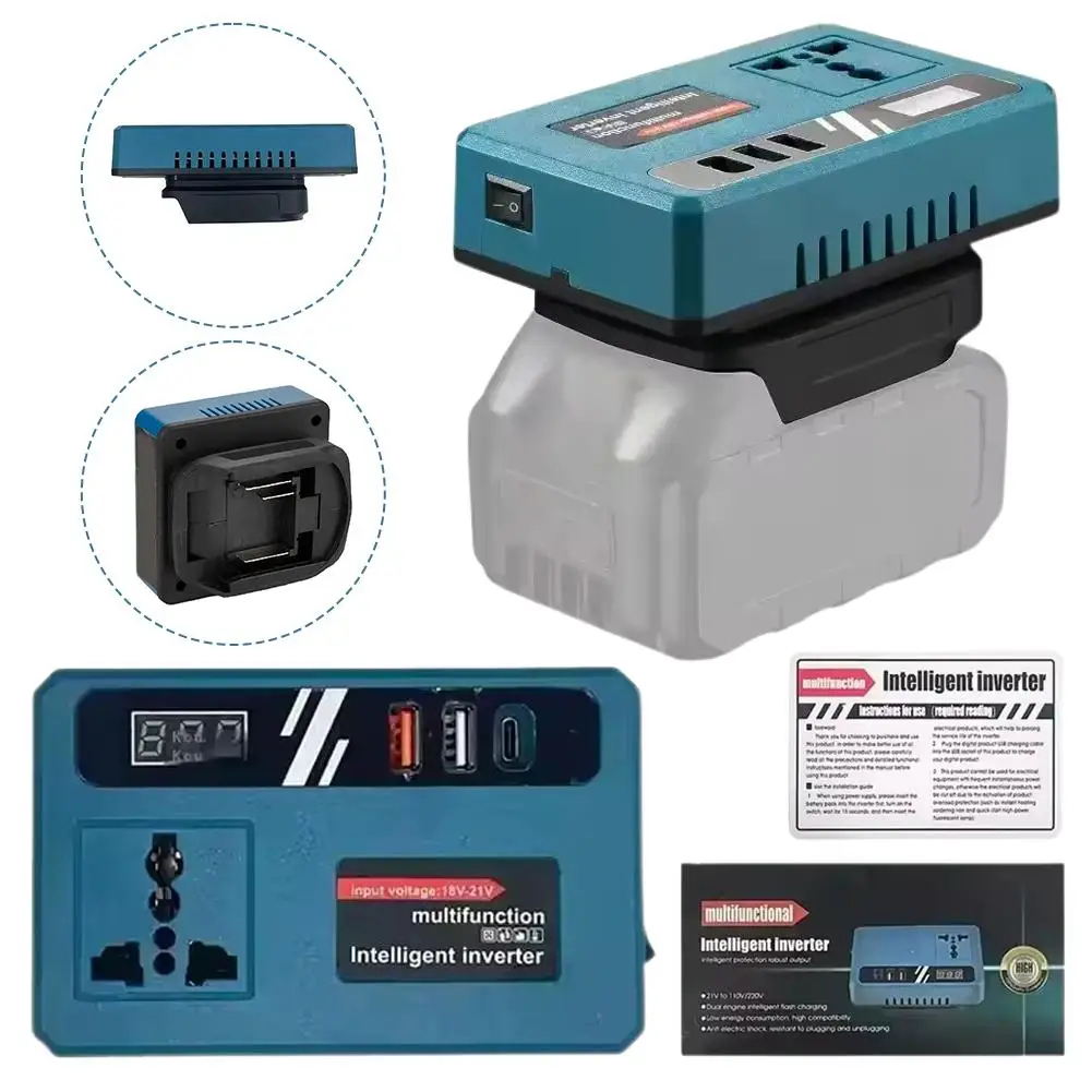 Inversor Inteligente de Bater&iacute;a de Litio de 18V-21V a AC 220V, Inversor de Corriente Port&aacute;til para Autom&oacute;vil con Doble Puerto USB Tipo-C de Carga R&aacute;pida Inteligente
