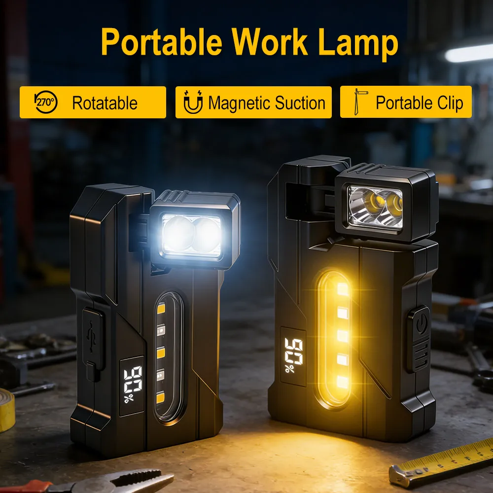 Linterna LED BORUiT DC11, linterna port&aacute;til recargable tipo C, luz de trabajo magn&eacute;tica giratoria con pantalla Digital, linterna para acampar