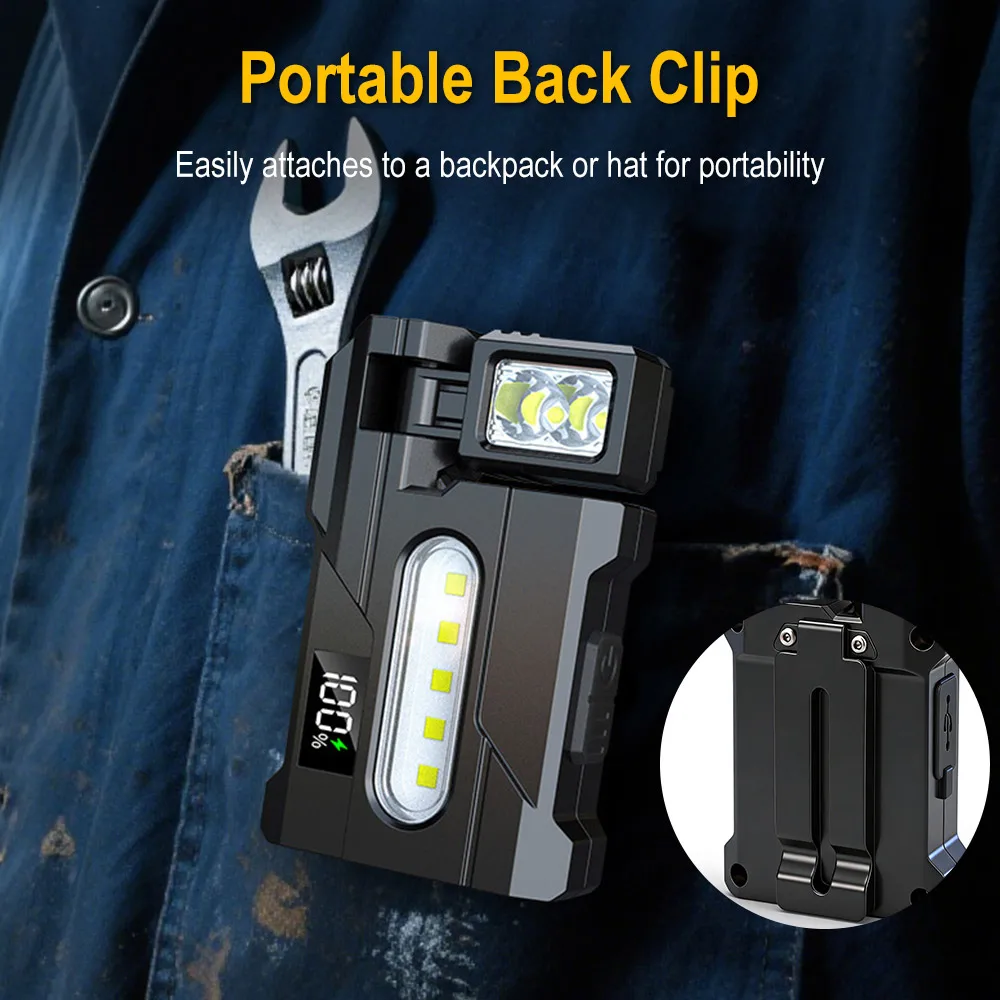 Linterna LED BORUiT DC11, linterna port&aacute;til recargable tipo C, luz de trabajo magn&eacute;tica giratoria con pantalla Digital, linterna para acampar